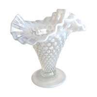 Vintage Fenton Moonstone Hobnail Vase: Opalescent Milk Glass Ruffled Vase