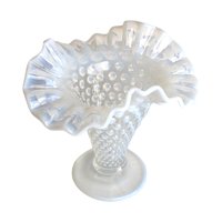 Vintage Fenton Moonstone Hobnail Vase: Opalescent Milk Glass Ruffled Vase