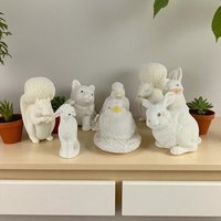 Vintage Dept 56 Annual Animal Bisque Figurines, Lot of 8, Cat, Duck, Rabbit, Squirrel