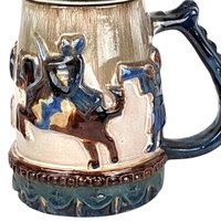 Vintage Stoneware Lidded Stein, Native American Horse Riders, Figural Lid, 9 Inches