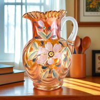 Vintage Fenton Marigold Iridescent Pitcher: Hand-Painted Floral Carnival Glass
