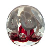 Vintage Art Glass Paperweight: Red Base, White Flower Design