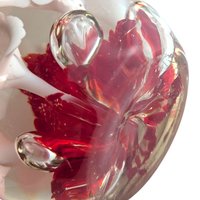 Vintage Art Glass Paperweight: Red Base, White Flower Design