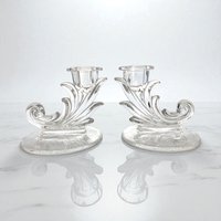 Fostoria Navarre Crystal Candlesticks: Vintage Etched Glass Pair