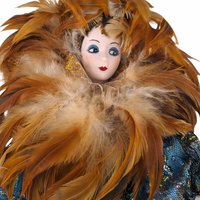 Vintage Porcelain Harlequin Doll: Feather Accents, 18" Collectible Art Doll