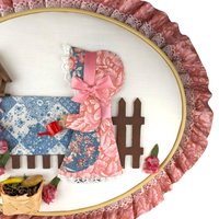Vintage Quilted Wall Hanging: Girl in Garden Scene, Handmade Country Decor