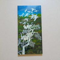 Large Mother of Pearl Wall Plaque, Vintage Asian Lacquer Art Panel with Cranes, Bird Decor, Oriental Wall Hanging