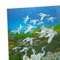 Large Mother of Pearl Wall Plaque, Vintage Asian Lacquer Art Panel with Cranes, Bird Decor, Oriental Wall Hanging