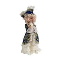 Vintage Porcelain Victorian Lady Doll: Blue & Gold Gown, Lace Hat