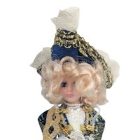 Vintage Porcelain Victorian Lady Doll: Blue & Gold Gown, Lace Hat