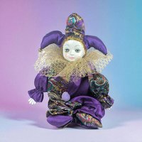 Vintage Porcelain Jester Doll Shelf Sitter, Purple Harlequin Figurine, Collectible Pierrot Clown Decor, Whimsical Mantel Display