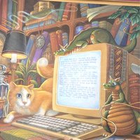 Vintage Randal Spangler Cat and Mouse Print, Framed Whimsical Fantasy Art, 90s Computer Cat Illustration, Geeky Home Office Decor