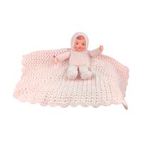 Vintage Crocheted Pink Baby Doll with Attached Blanket, Handmade Nursery Decor Toy, Baby Shower Keepsake Gift for Girl