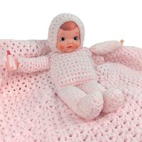 Vintage Crocheted Pink Baby Doll with Attached Blanket, Handmade Nursery Decor Toy, Baby Shower Keepsake Gift for Girl