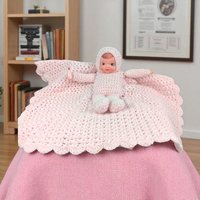 Vintage Crocheted Pink Baby Doll with Attached Blanket, Handmade Nursery Decor Toy, Baby Shower Keepsake Gift for Girl