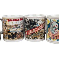 Vintage Flambro Ceramic Circus Poster Mugs - Set of 4, Retro Kitchen Decor