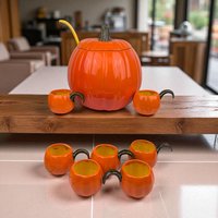 Vintage Ceramic Pumpkin Punch Bowl Set: Tureen, Ladle & 7 Cups - Fall Decor