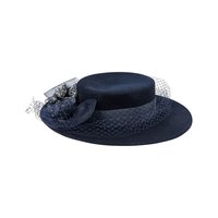 Vintage Bollman Americana Navy Blue Wool Felt Hat, Ladies Wide Brim Boater with Mesh Surround, Formal Wedding Guest Hat, Classic Dress Hat