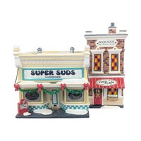 Vintage 1995 Dept 56 Snow Village Super Suds Laundromat, Ceramic Christmas Village House with Light, Holiday Decor Gift