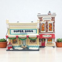 Vintage 1995 Dept 56 Snow Village Super Suds Laundromat, Ceramic Christmas Village House with Light, Holiday Decor Gift