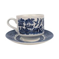 Vintage Churchill Blue Willow 3-Piece Place Setting, Classic Blue and White Chinoiserie Dinner Plate Cup and Saucer, Made in England
