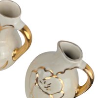 Vintage Cream Ceramic Bud Vase Trio: MCM Pitcher Vases with Gold Trim & Flowers