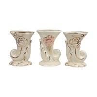 Vintage Cornucopia Bud Vases: Cream Ceramic with Pink Roses, Set of 3