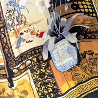 Large Huali Vintage Silk Scarf, Chinoiserie Still Life Print Shawl with Blue White Porcelain, Asian Black and Gold Square Scarf Art