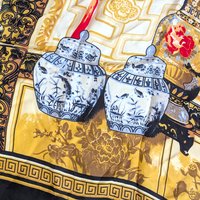 Large Huali Vintage Silk Scarf, Chinoiserie Still Life Print Shawl with Blue White Porcelain, Asian Black and Gold Square Scarf Art