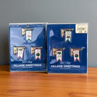 Vintage Dept 56 Snow Village Greetings Signs Set of 6, NOS Metal Holiday Banners for Christmas Village Buildings, D56 Accessory