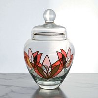 Vintage Lotus Art Glass Jar: Hand-Painted Floral Lidded Bowl