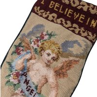 Vintage Needlepoint Christmas Stocking: "I Believe in Angels" Cherub