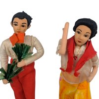 Vintage Filipino Folk Art Doll Couple, Handcrafted Couple Figurines on Wood Stands