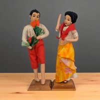 Vintage Filipino Folk Art Doll Couple, Handcrafted Couple Figurines on Wood Stands
