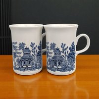 Vintage Churchill Blue Willow Mug Set, Ceramic Coffee Tea Cups, Chinoiserie Kitchen Decor