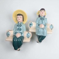 Vintage Weil Ware Wall Sconces, Ceramic Asian Figurine Candle Holders: Mid-Century Chinoiserie Wall Decor