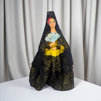 Tall Spanish Lady Figurine: Vintage Doll with Black Lace Mantilla Veil