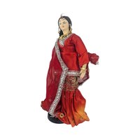 Indian Woman Dancer Figurine: Vintage Red Saree Textile Doll, 11"