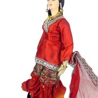 Indian Woman Dancer Figurine: Vintage Red Saree Textile Doll, 11"