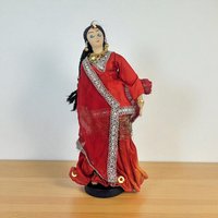 Indian Woman Dancer Figurine: Vintage Red Saree Textile Doll, 11"