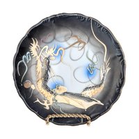 Vintage Dragon Plates Pair, Set of 2 Japanese Moriage Lusterware, Black Ceramic Salad Plates, Dragonware Decor