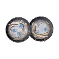 Vintage Dragon Plates Pair, Set of 2 Japanese Moriage Lusterware, Black Ceramic Salad Plates, Dragonware Decor