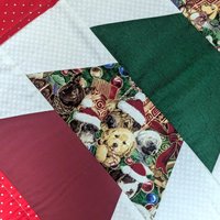 Vintage Handmade Quilted Table Runner: Christmas Dog Print with Red Star