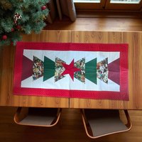 Vintage Handmade Quilted Table Runner: Christmas Dog Print with Red Star