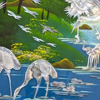 Large Vintage Mother of Pearl Inlay Wall Art, Asian Lacquer Panel with Cranes and Tree, Wall Hanging, Oriental Home Decor