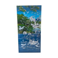 Large Vintage Mother of Pearl Inlay Wall Art, Asian Lacquer Panel with Cranes and Tree, Wall Hanging, Oriental Home Decor