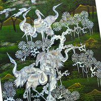 Large Mother of Pearl Wall Plaque, Vintage Asian Lacquer Art Panel with Cranes, Bird Decor, Oriental Wall Hanging