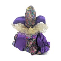 Vintage Porcelain Jester Doll Shelf Sitter, Purple Harlequin Figurine, Collectible Pierrot Clown Decor, Whimsical Mantel Display
