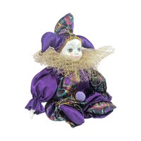Vintage Porcelain Jester Doll Shelf Sitter, Purple Harlequin Figurine, Collectible Pierrot Clown Decor, Whimsical Mantel Display