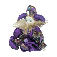 Vintage Porcelain Jester Doll Shelf Sitter, Purple Harlequin Figurine, Collectible Pierrot Clown Decor, Whimsical Mantel Display